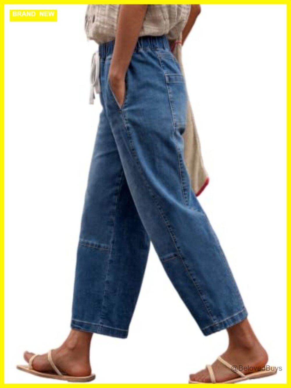 Womens Barrel Wide Leg Drawstring Elastic Waist Stretch Denim Jeans